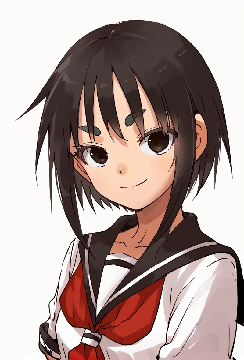 <lora:kagawaRin:1> kagawaRin, solo, thick eyebrows, looking at viewer, white serafuku, red neckerchief, smile, white background, upper body,
