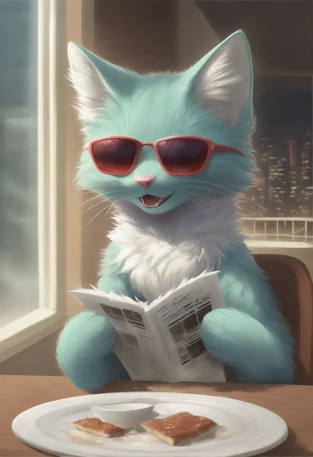a cat, solo, sitting in a chair in front of a table on a sunny summer morning, wearing large red-framed sunglasses and is reading a newspaper with an expression of complete seriousness, on the table in addition to the newspaper there is a half-empty cup of milk and a plate with fish crumbs, in the background through a window you can see an urban landscape with buildings high and birds flying, a fly fluttering around the fish crumbs, high quality, masterpiece