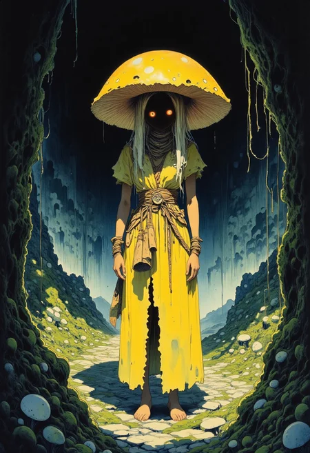 Studio Ghibli Dark Fairytale, intricate expressionistic Portrait of a female myconid, a humanoid fungi entity with a headpiece shaped like a chanterelle mushroom, she weards a long yellow dress made of natural materials and leaves, her skin is tanned and she is standing on a dark and humid cave, surrounded by glowing algae, moss and fungi, her eyes are glowing in a red colour and she is completely expressionless, she has a regal and inhuman appearance