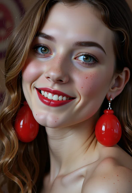 Beauty shot, A breathtaking closeup portrait of a sexy owkx woman. A eautiful detailed erotic face with big erotic eyes and a cute snub nose. She perky grinning at the viewer. Lipstick, eye shadow, big kinky red plastic earrings., , , , ,