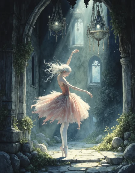 Studio Ghibli Dark Fairytale, A young ballerina princess en pointe in a decaying medieval castle, her porcelain-white skin luminous against the shadows. She wears a dusty rose tutu with delicate silver embroidery and torn silk ribbons trailing behind her. Her graceful arabesque cuts through shafts of moonlight streaming from crumbling Gothic windows. Ancient stone walls show centuries of wear, with ivy creeping through cracks and fallen masonry scattered across the floor. Cobwebs drape from broken chandeliers like ghostly veils. The princess's long platinum hair flows in an ethereal manner as she dances, her expression serene yet melancholic. The scene has a dreamy, romantic atmosphere with motes of dust catching the moonbeams, creating a subtle halo effect around her figure. The contrast between her refined classical ballet pose and the deteriorating grandeur of the castle creates a hauntingly beautiful tableau. elaborate details, (2/3 rule composition:0.5), ultra detailed, romantic. <lora:Dark_Ghibli:1>