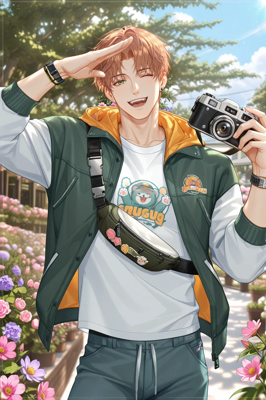 <lora:jesse-IL:0.8>,jesse, short hair, green eyes, shirt, jewelry, male focus, pants, earrings, holding, jacket, white shirt, looking at viewer, smile, outdoors, blurry, open mouth, watch, hood, flower, wristwatch, teeth, one eye closed, cowboy shot, day, parted bangs, hand up, camera, holding camera, salute, pink flower, purple flower, 1boy, green hair, solo,bara,male focus,very awa,masterpiece,best quality,amazing quality,nsfw,uncersored,highres,best quality,amazing quality,best aesthetic,absurdres,