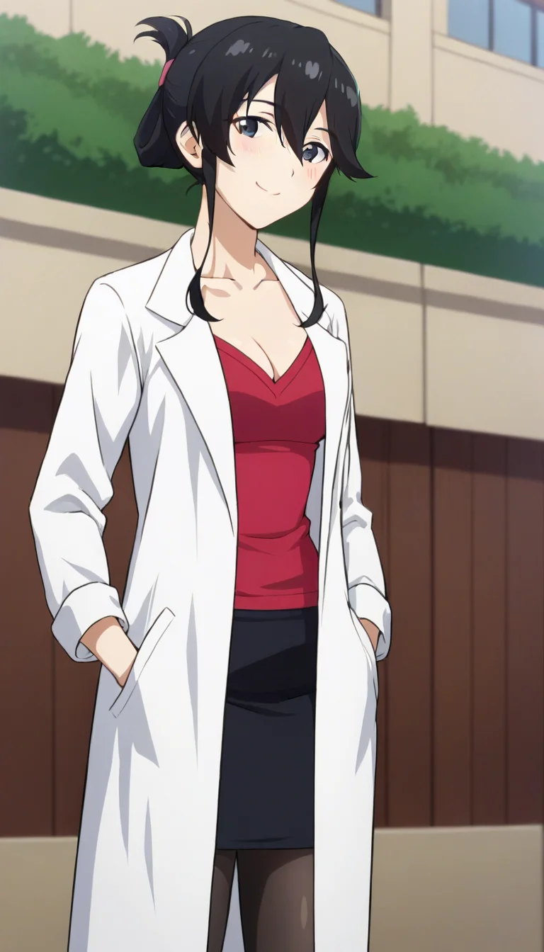 score_9,score_8_up,masterpiece,best quality,correct anatomy,anime_source,1girl,solo,alone,perfect eyes,perfect arms,perfect legs,perfect face,outdoors,upper body,(portrait:1.5),looking at viewer,facing viewer,smile,blush,Female doctor,black hair,long hair,folded ponytail,hair up,sidelocks,hair between eyes,bangs,black eyes,collarbone,labcoat,cleavage,red shirt,long sleeves,hands in pockets,medium breasts,skindentation,miniskirt,pencil skirt,black skirt,black pantyhose,high heels,black footwear,<lora:Female doctor(ek)-Pony:1.2>,
