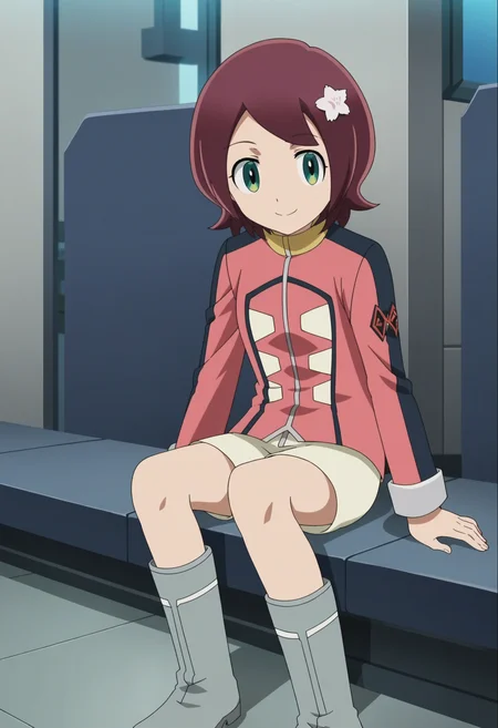 score_9, score_8_up, score_7_up, score_6_up, score_5_up, score_4_up , anime coloring ,BREAK source_anime, anime,screencap,
1girl, solo, sakuras, hair ornament, jacket, shorts, grey footwear, <lora:PonyXL Sakura Sango V1:1>
indoors,
smile, looking at viewer,