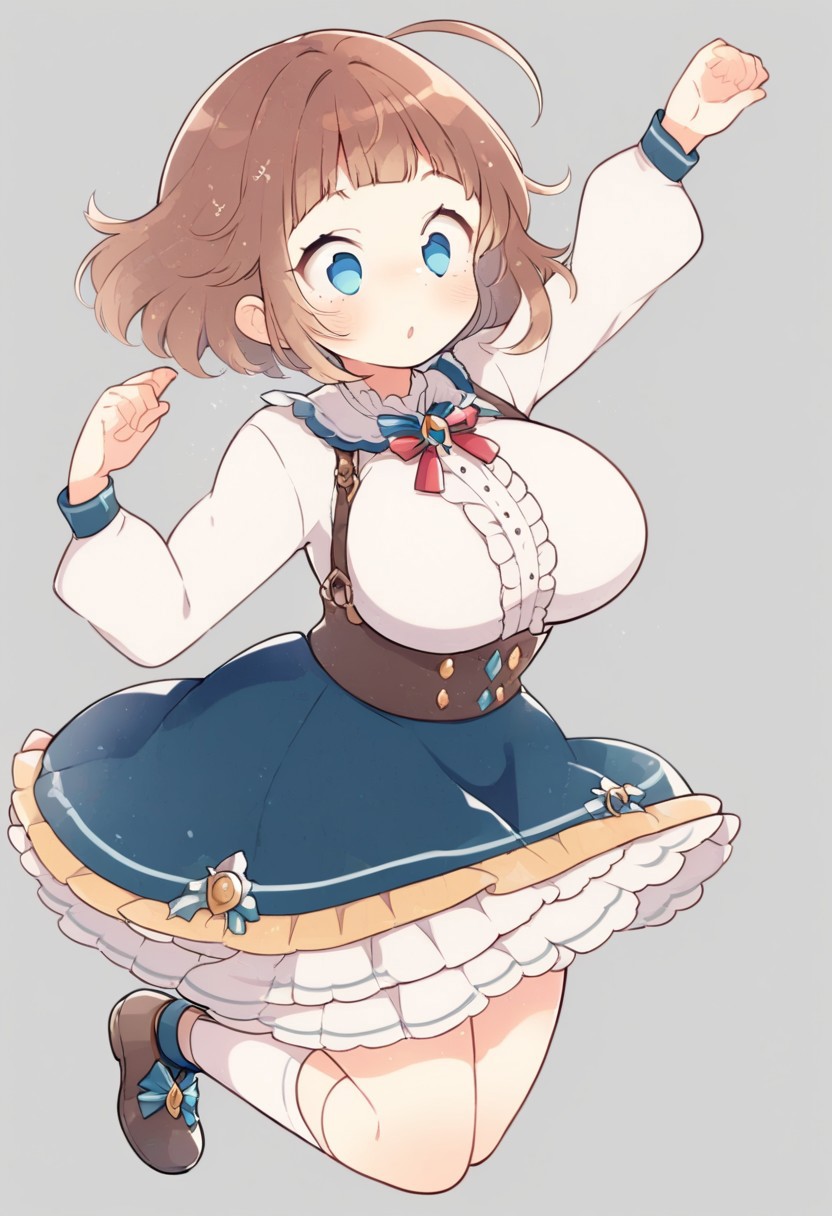 score_9, score_8_up, score_7_up,
masterpiece, best quality, detailed, amazing quality,
simple background, 
dynamic pose,
detailed face, detailed eyes, clean eyes,
solo, 1girl, woman, blue eyes, short hair, brown hair, messy hair, curvy, wide hips, big breasts, chubby, 
cute dress, frilly, bow,
easynegative