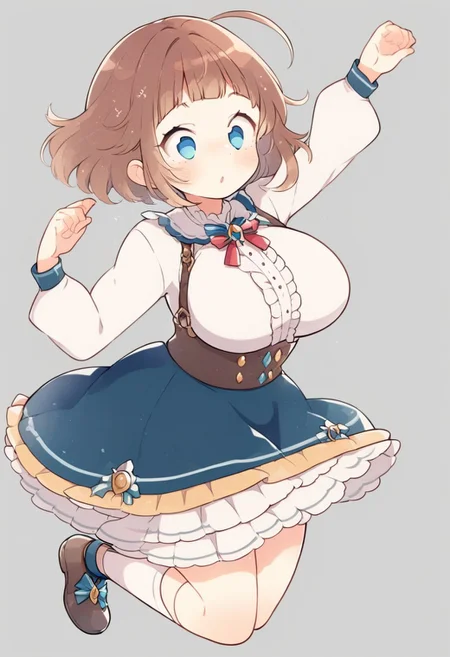 score_9, score_8_up, score_7_up,
masterpiece, best quality, detailed, amazing quality,
simple background,
dynamic pose,
detailed face, detailed eyes, clean eyes,
solo, 1girl, woman, blue eyes, short hair, brown hair, messy hair, curvy, wide hips, big breasts, chubby,
cute dress, frilly, bow,
easynegative