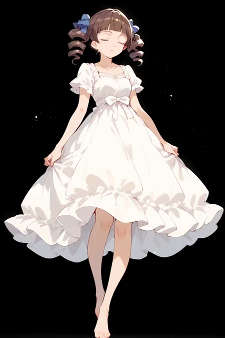 score_9, score_8_up, score_7_up, score_6_up,
 <lora:Touko_Matsudaira:1> touko, 1girl, solo, barefoot, closed eyes, drill hair, dress, feet, brown hair, black background, white dress, twin drills, simple background, full body, bow