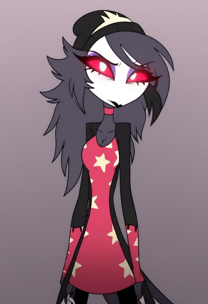 octavia, owl, 2D, black beanie, white skin, beak red sclera, simple background, perfect, masterpiece, 4K, high quality, white pupils, gray hair, female, 2d, cartoon, big boobs, hyper boobs, round boobs, cleavage, huge boobs, large breasts, facing viewer, eyelashes, purple eyeshadow, pink collar, pink shirt, feather tail, yellow stars, black jacket, white claws, black palms, glowing eyes, looking at viewer, female, anthro, cartoon, standing, black pants, skinny, Expressiveh,