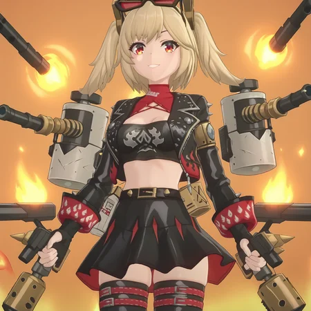 <lora:burnice.pony.v3:1.0>, zzzburnice, blond hair, twintails, medium hair,
<lora:gateofbabylon_Pony_v1:0.7>, gate of babylon, glowing, orange background,
flamethrower, multiple flamethrower, flames, fire,