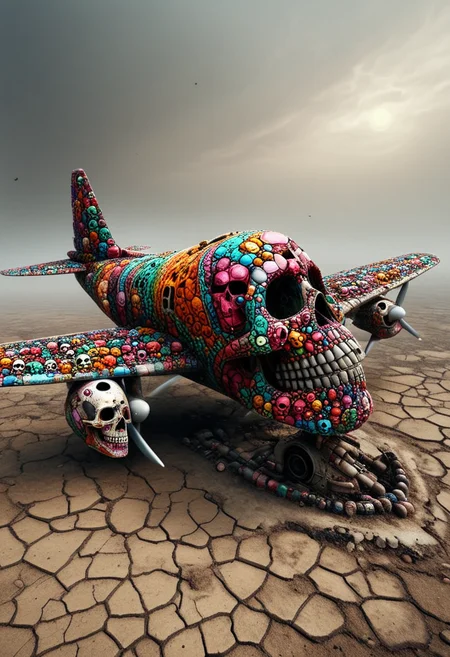 plane made of colorful skulls, set in a ravaged battlefield, with scorched earth, broken weapons, and the echoes of past skirmishes haunting the landscape, ,Masterpiece,best quality, photo, realistic, very aesthetic, detailed face,