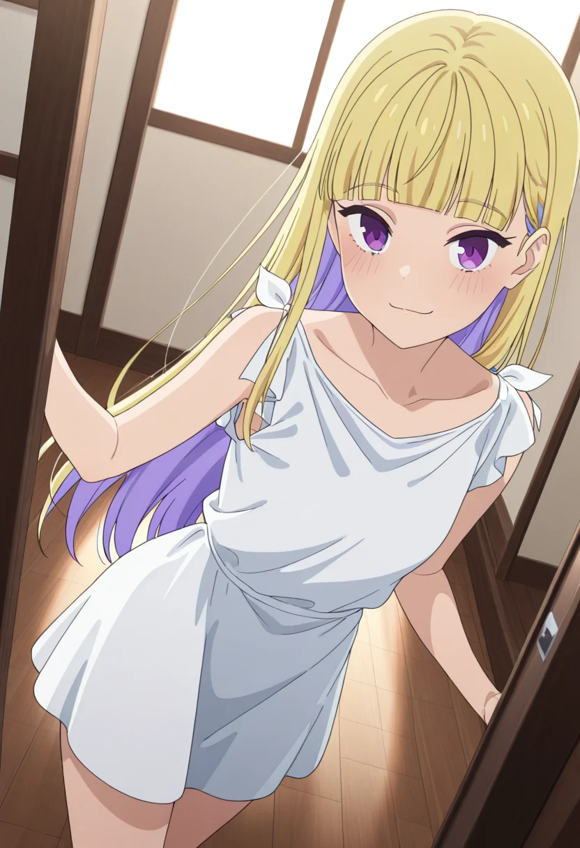 masterpiece,best quality,absurdres,perfect lighting,indoors,wooden floor,
*//*,<lora:HealerGirl_ReimiItsushiro-Illustrious:1>,reimi_itsushiro,1girl,solo,blonde hair,long hair,colored inner hair,purple eyes,blunt bangs,white dress,short sleeves,sleeveless,collarbone,
*//*,looking at viewer,cowboy shot,dutch angle,dynamic pose,light smile,