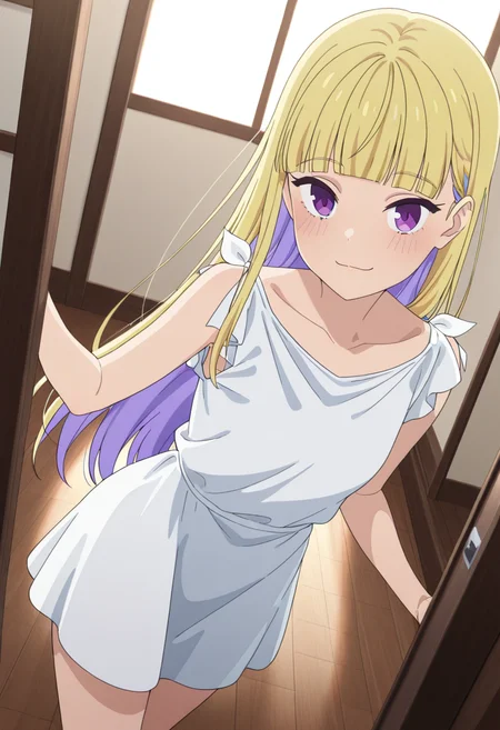 masterpiece,best quality,absurdres,perfect lighting,indoors,wooden floor,
*//*,<lora:HealerGirl_ReimiItsushiro-Illustrious:1>,reimi_itsushiro,1girl,solo,blonde hair,long hair,colored inner hair,purple eyes,blunt bangs,white dress,short sleeves,sleeveless,collarbone,
*//*,looking at viewer,cowboy shot,dutch angle,dynamic pose,light smile,