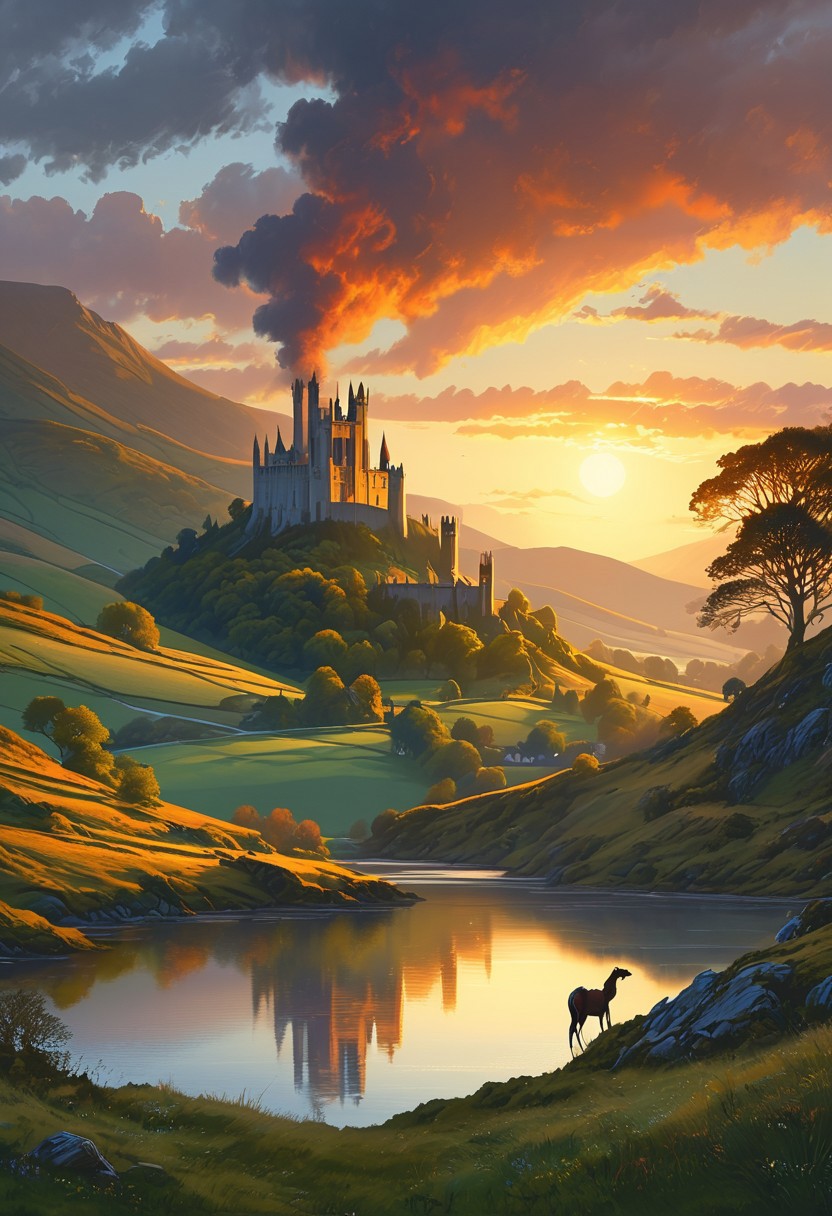 A captivating night scene illustration featuring Camelot large  hill overlooking a lake in Wales.   Camelot ancient but well maintained and updated and comfortable to live in.  Smoke rises from the chimneys.  This enchanting artwork captures a serene and peaceful early morning, where the sun is just starting to rise over the beautiful hills and Camelot  which   stands resolute amidst hills of Wales, creating a cinematic experience back to the times of King Arthur and his knights, 
 illustration, cinematic
<lora:DonM3t3rn1tyXL-v1.1:0.7>, DonM3t3rn1tyXL,
OverallDetailXL  <lora:MJ52:0.3>  <lora:SDXLFaeTastic2400:0.4>  <lora:EpicF4nta5yXL:0.7>