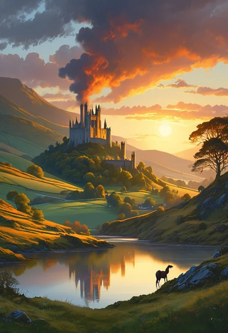 A captivating night scene illustration featuring Camelot large  hill overlooking a lake in Wales.   Camelot ancient but well maintained and updated and comfortable to live in.  Smoke rises from the chimneys.  This enchanting artwork captures a serene and peaceful early morning, where the sun is just starting to rise over the beautiful hills and Camelot  which   stands resolute amidst hills of Wales, creating a cinematic experience back to the times of King Arthur and his knights, 
 illustration, cinematic
<lora:DonM3t3rn1tyXL-v1.1:0.7>, DonM3t3rn1tyXL,
OverallDetailXL  <lora:MJ52:0.3>  <lora:SDXLFaeTastic2400:0.4>  <lora:EpicF4nta5yXL:0.7>