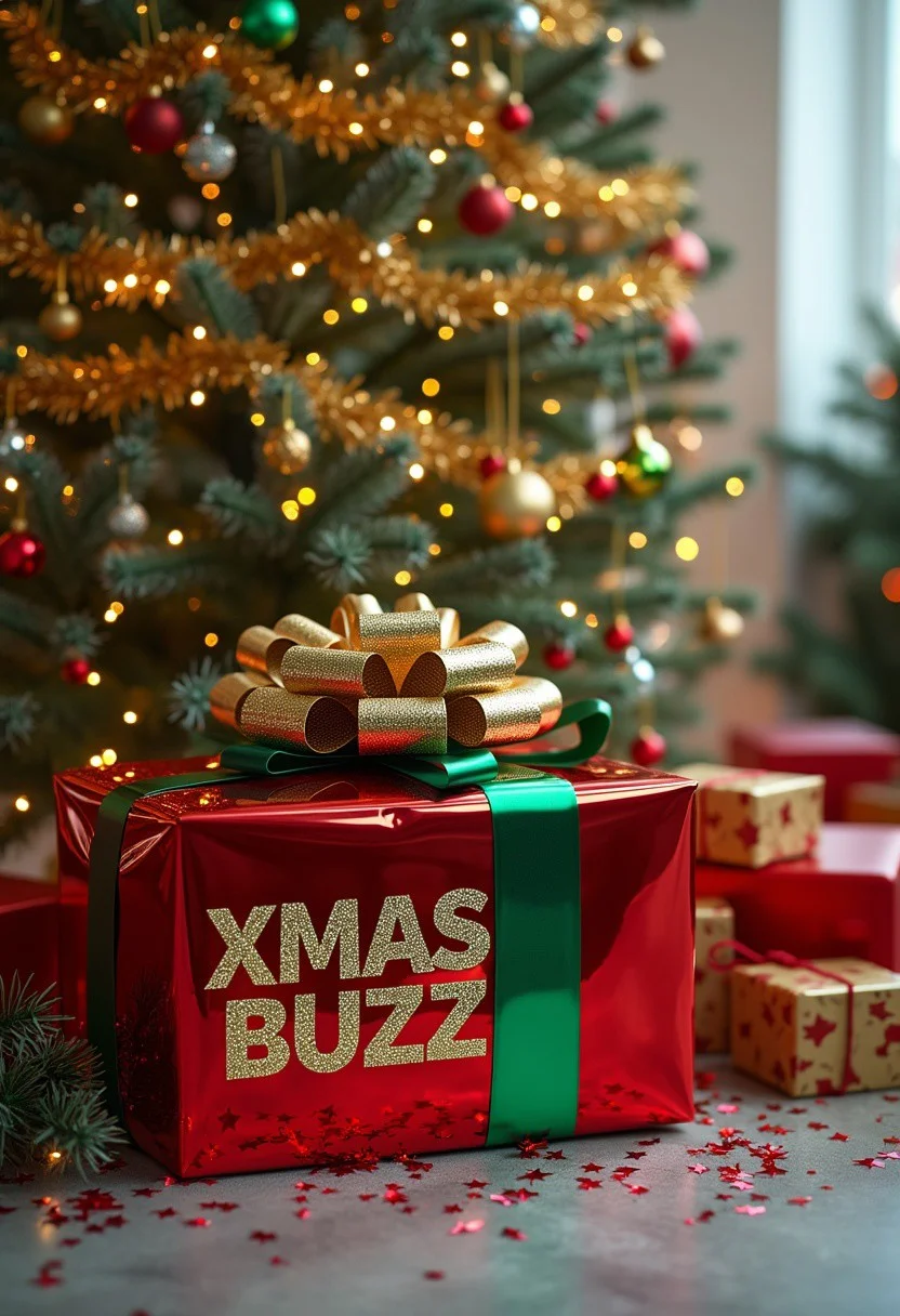 a professional slr leika photograph - A vibrant, festive Christmas scene featuring a beautifully decorated Christmas tree, adorned with shimmering tinsel, colorful ornaments, and glowing fairy lights. Beneath the tree, surrounded by a sprinkle of presents, stands a large, bold box as the centerpiece. The box is wrapped in glossy red and green paper with an oversized golden bow, prominently labeled in bold, glittering text: 'XMAS BUZZ.' The room is softly lit with the warm glow of the tree lights, creating a cozy holiday atmosphere.