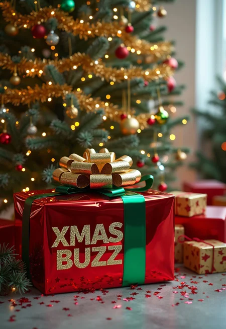 a professional slr leika photograph - A vibrant, festive Christmas scene featuring a beautifully decorated Christmas tree, adorned with shimmering tinsel, colorful ornaments, and glowing fairy lights. Beneath the tree, surrounded by a sprinkle of presents, stands a large, bold box as the centerpiece. The box is wrapped in glossy red and green paper with an oversized golden bow, prominently labeled in bold, glittering text: 'XMAS BUZZ.' The room is softly lit with the warm glow of the tree lights, creating a cozy holiday atmosphere.