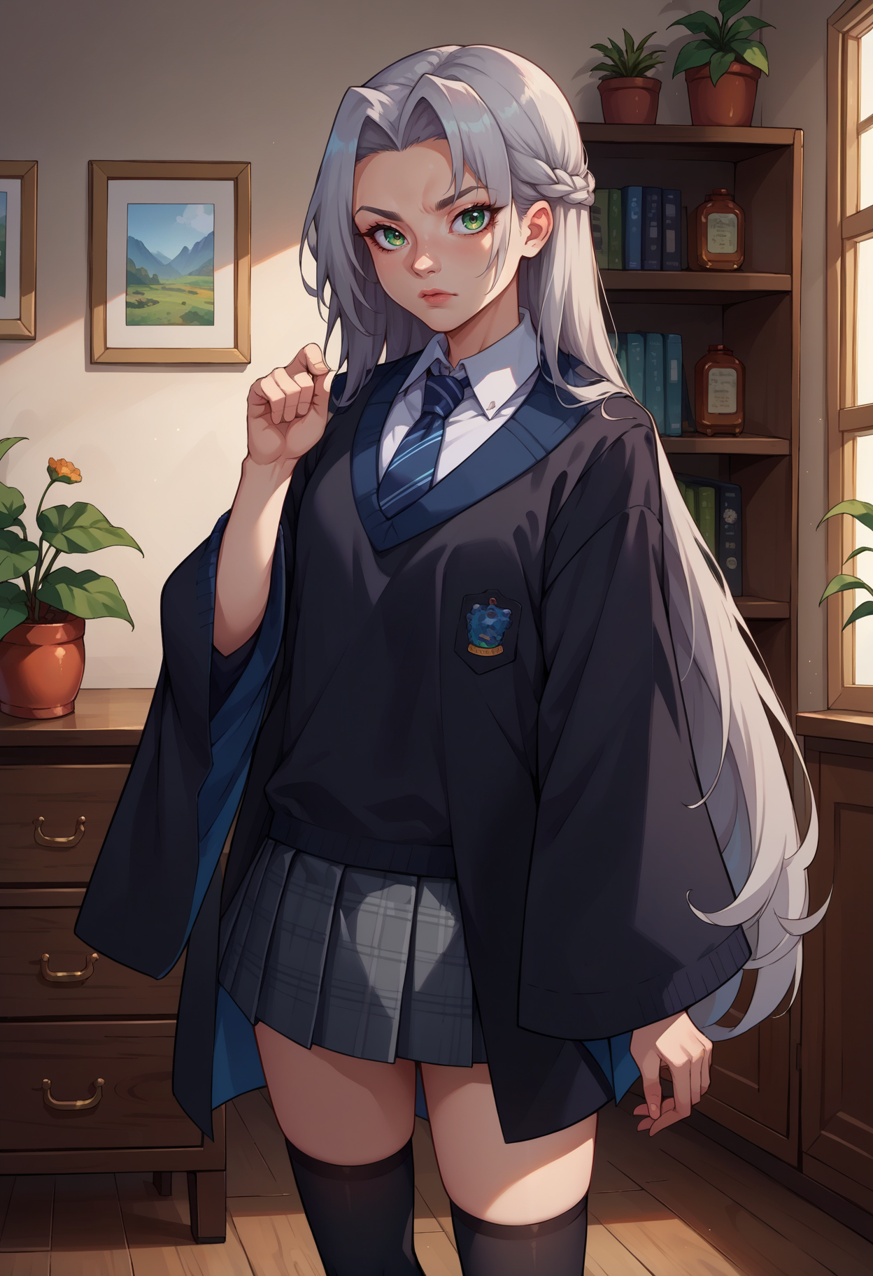 score_9, score_8_up,score_7_up, source_anime, 1girl, solo,green eyes, gray hair, spiky hair, very long hair , <lora:EPRobeRavenclaw-10:1>, EPRobeRavenclaw, wearing EPRobeRavenclaw, collared shirt, white shirt, emblem, grey skirt, miniskirt, pleated skirt, plaid skirt, black robe, blue necktie, striped necktie, grey sweater, wide sleeves, long sleeves, black legwear, kneehighs, loafers, one hand up, indoors