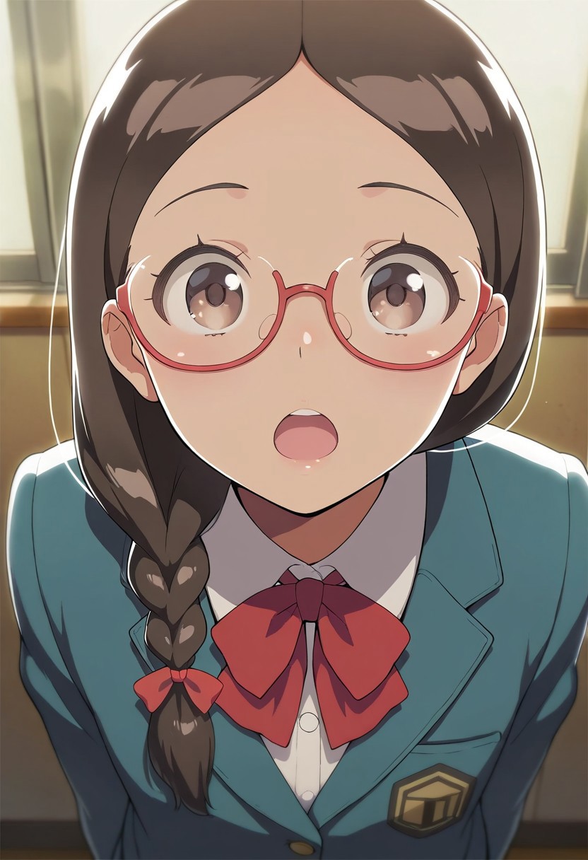 masterpiece,best quality,amazing quality,takahashi megumi, long hair, brown hair, light brown eyes, glasses, braid, 1girl, solo, school uniform, hair over shoulder, jacket, bow, open mouth, single braid, red bow