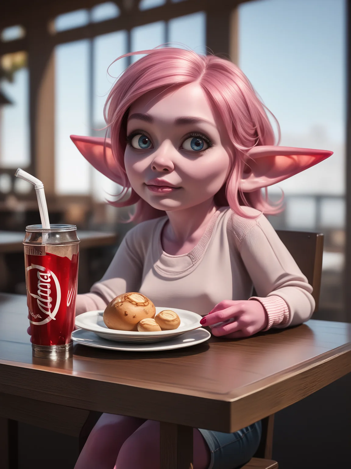 score_9, score_8_up, score_7_up, score_6_up, score_5_up, score_4_up,
a  girl sitting at a table in a cafe,
<lora:imp-ponyxl-v1:1>, pink imp, pink skin, short stack, pointy ears,
, pink hair, soda,, ultra realistic, (high quality, detailed, beautiful), detailed beautiful eyes, realistic, outstanding,
<lora:add-detail-xl:0.7> <lora:xl_more_art-full_v1:0.1>