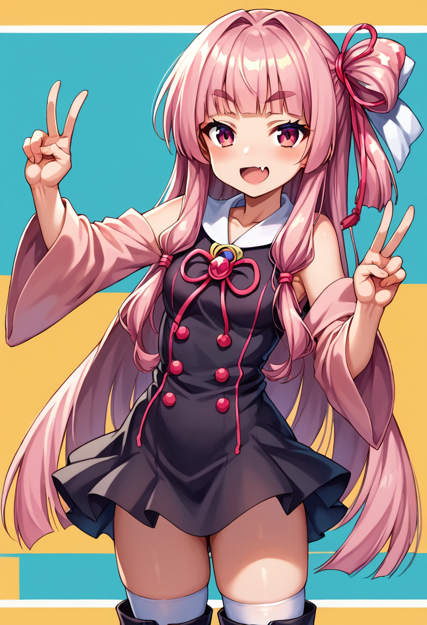 score_9, score_8_up, score_7_up, source_anime, BREAK
1 girl, soro forcas,
<lora:Kotonoha_MMD_Pony_V1:0.85>KotonohaMMD, pink eyes, long hair, bangs, blunt bangs, sidelocks, very long hair, hair intakes,hair ribbon, ribbon, hair ornament, hair tie,  yagasuri,
dress,sleeveless, bare shoulders, collared dress,  wide sleeves, long sleeves,  
zettai ryouiki, thighhighs, thighhighs under boots, knee boots, 
kotonoha akane, pink hair, black dress, thick eyebrows,
smug, smirk, blush, open mouth,Fang,(cowboy shot:1.3),
stretching,from front,look at viewer,cowboy shot,hands on west,,peace sign, double peace sign,
(orange background, simple bacground,),
