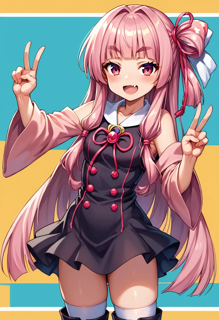 score_9, score_8_up, score_7_up, source_anime, BREAK
1 girl, soro forcas,
<lora:Kotonoha_MMD_Pony_V1:0.85>KotonohaMMD, pink eyes, long hair, bangs, blunt bangs, sidelocks, very long hair, hair intakes,hair ribbon, ribbon, hair ornament, hair tie, yagasuri,
dress,sleeveless, bare shoulders, collared dress, wide sleeves, long sleeves,
zettai ryouiki, thighhighs, thighhighs under boots, knee boots,
kotonoha akane, pink hair, black dress, thick eyebrows,
smug, smirk, blush, open mouth,Fang,(cowboy shot:1.3),
stretching,from front,look at viewer,cowboy shot,hands on west,,peace sign, double peace sign,
(orange background, simple bacground,),