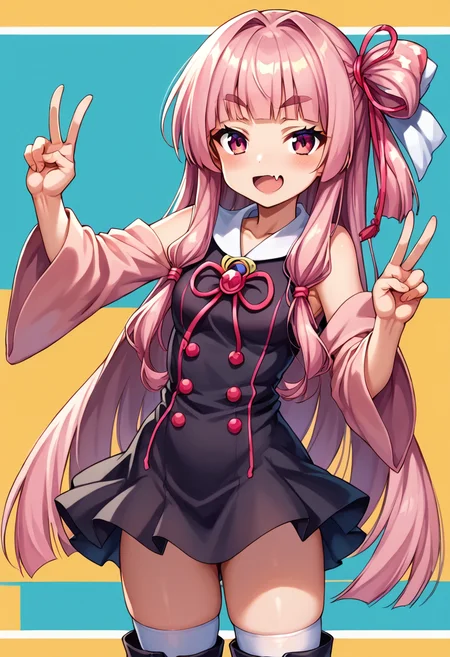 score_9, score_8_up, score_7_up, source_anime, BREAK
1 girl, soro forcas,
<lora:Kotonoha_MMD_Pony_V1:0.85>KotonohaMMD, pink eyes, long hair, bangs, blunt bangs, sidelocks, very long hair, hair intakes,hair ribbon, ribbon, hair ornament, hair tie, yagasuri,
dress,sleeveless, bare shoulders, collared dress, wide sleeves, long sleeves,
zettai ryouiki, thighhighs, thighhighs under boots, knee boots,
kotonoha akane, pink hair, black dress, thick eyebrows,
smug, smirk, blush, open mouth,Fang,(cowboy shot:1.3),
stretching,from front,look at viewer,cowboy shot,hands on west,,peace sign, double peace sign,
(orange background, simple bacground,),