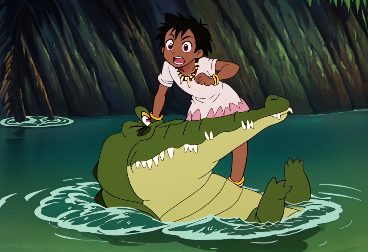 Tick tock crocodile,male animal focus,tail, crocodile open large mouth ,green skin, blue eyes, Tick Tock the crocodile is giant and very huge size,teeth, swimming in water,partially submerged,Tick Tock the crocodile looking at a young Choi mochimazzi who she is sitting on Tick Tock the crocodile belly floating on the water on his back. choim,Choi mochimazzi ,short hair, black hair, red eyes, dark-skinned female,purple eyes,
dress, jewelry, dark skin, necklace, bracelet, wristband,anklet, barefoot,open mouth,river,palm trees, jungle tropical, Disney, anime,tamako market