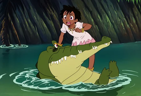 Tick tock crocodile,male animal focus,tail, crocodile open large mouth ,green skin, blue eyes, Tick Tock the crocodile is giant and very huge size,teeth, swimming in water,partially submerged,Tick Tock the crocodile looking at a young Choi mochimazzi who she is sitting on Tick Tock the crocodile belly floating on the water on his back. choim,Choi mochimazzi ,short hair, black hair, red eyes, dark-skinned female,purple eyes,
dress, jewelry, dark skin, necklace, bracelet, wristband,anklet, barefoot,open mouth,river,palm trees, jungle tropical, Disney, anime,tamako market