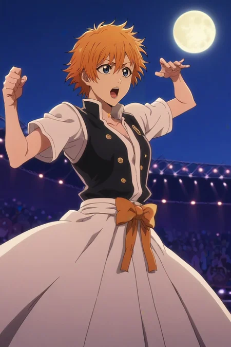 score_9, score_8_up, score_7_up, , anime screencap, rating_safe, , , , 1girl, kagura \(gintama\), gintama, blue eyes, orange hair, solo, straight-on, concert, night, full moon, (pose), open mouth, <lora:bleach_tybw_style_pony:1.22>, bleach_tybw_style, , <lora:sdxl_lightning_8step_lora:1>