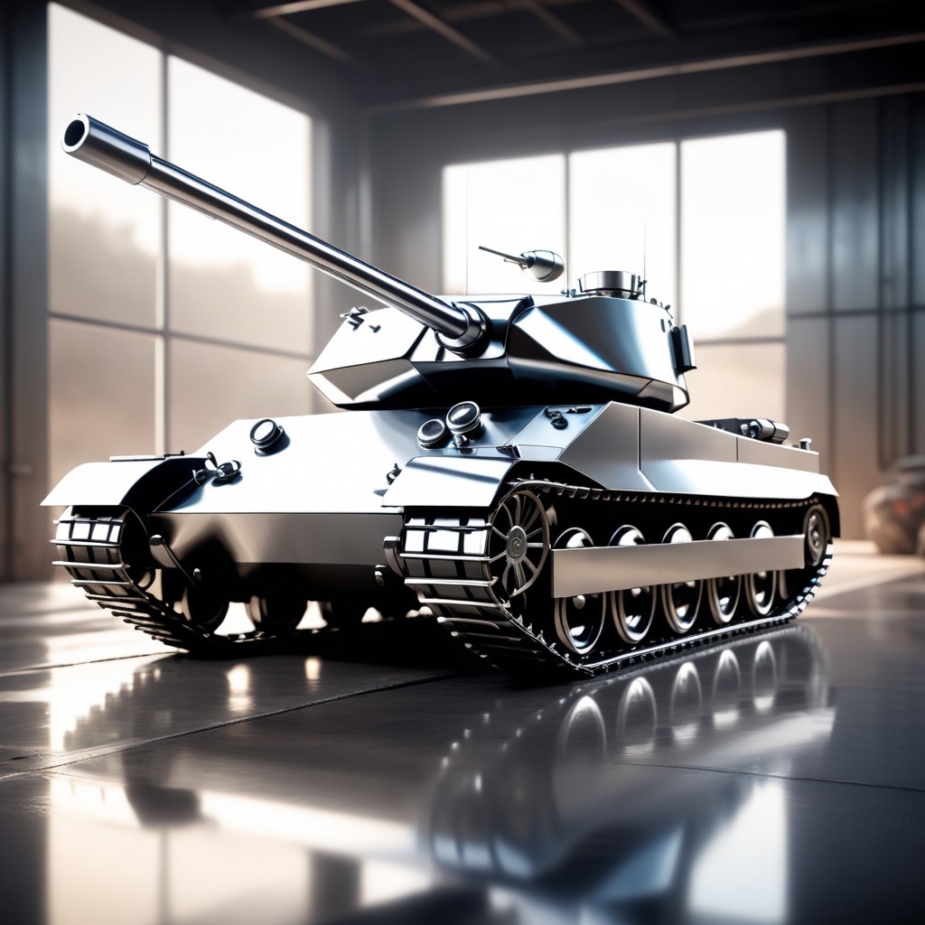 a Tank made out of Jed-Steel, masterpiece, wallpaper engine, octane render ,  <lora:PolishedSteelStyle:0.7>