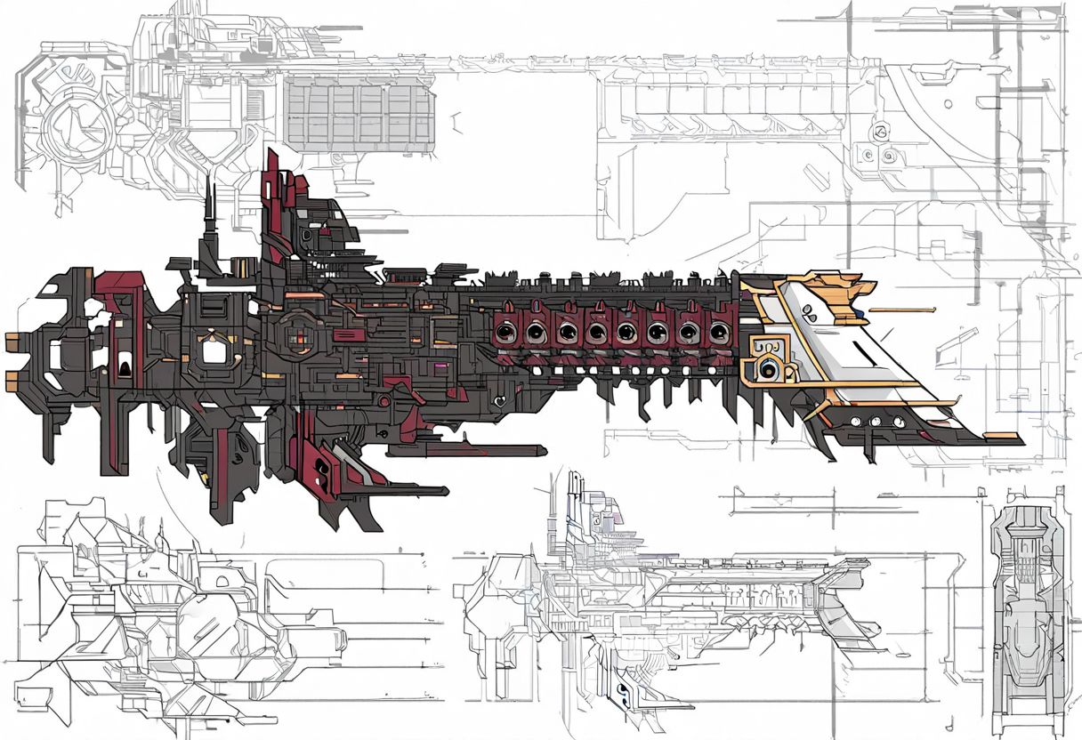 (Digital illustration and blueprint), bold lines, dramatic shading, line art, concept art style,digital painting,digital illustration, dark red and gold and white impstarship (Emperor-class Battleship) ship,(((solo))),side view, ship decks and gun ports and hangars, multi-color scheme, side view,  engine thrusters