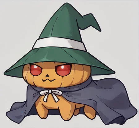 score_9, score_7_up, source_anime, <lora:Doro_X_PDXL_V1:1> doro, creature, chibi, :3, four legs, <lora:PyroJackSMT-pdxl:0.95> pjSMT, pokemon \(creature\), no humans, red eyes, witch hat, cloak, cape, green headwear, simple background