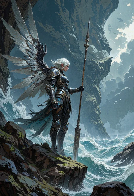 masterpiece, high-quality, photorealistic mythic warrior scene, An armored valkyrie stands at the edge of a storm-lashed cliff, overlooking a raging sea beneath stormy, charcoal-gray skies. Her short, platinum hair drips with rain, plastered to her stern face as lightning etches the horizon in dazzling forks. Silver wings at her back bristle with brilliant, reflective plumage, each feather rendered in hyperdetailed clarity. A massive spear etched with runes stands upright at her side, buzzing with latent thunderous energy. The cinematic scale of the swirling tempest around her instills a breathless sense of epic grandeur and raw elemental power, <lora:FLUX\FLUX-daubrez-DB4RZ:0.3> <lora:FLUX\ArcaneFGTNR:0.5> <lora:FLUX\VividlySurrealApex:0.6> <lora:FLUX\Anime v1.3:0.5>