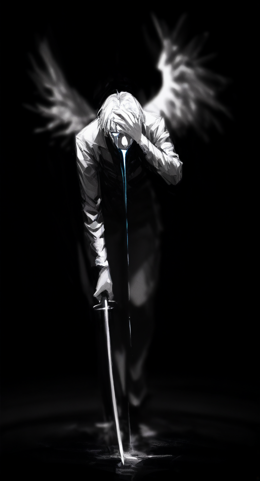 masterpiece, best quality, good quality, very aesthetic, absurdres, newest, 1boy, black background, blurry, chiaroscuro, covering own eyes, crying, feathered wings, full body, glowing tears, greyscale, hand on own forehead, holding, holding sword, holding weapon, katana, leaning forward, male focus, monochrome, short hair, single wing, solo, sword, weapon, wings <lora:ponyv5_noobV065S_1_adamW-000013:0.7> <lora:USNR_STYLE_XL_lokr:0.45> <lora:96YOTTEA-WAI:0.8>