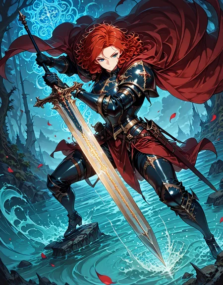 <lora:Alicia_Termina_Magentano__The_Greatest_Estate_Designer:1>
1 girl, solo, red hair, blue eyes, medium hair, curly hair,
armor, red cape, black shoulder armor, black pauldrons, black gauntlets, black breastplate, sheath, sword
masterpiece, best quality,high quality, newest, highres,8K,HDR,absurdres, enchanted sword, floating petals, intricate patterns, ethereal glow, holding sword, armored gauntlets, high fantasy, flowing cape, standing on water, floral motifs, blue and gold palette, celestial symbols, moonlit background, misty environment, depth of field, dramatic lighting, mystical aura, detailed background, dynamic pose, foreshortening, fantasy illustration, glowing runes, limited palette, elegant battle stance, cinematic shot., detailed background, dynamic pose, dynamic composition,dutch angle, detailed backgroud,foreshortening,blurry edges <lora:iLLMythG0thicL1nes:1> , <lora:Eyes_High_Definition:1>