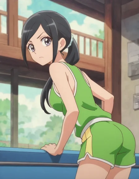 score_9, score_8_up, score_7_up, anime screencap, solo,1girl,sawaizumichiyu, sportswear, shorts, green shorts, collarbone, sleeveless, cowboy shot,medium breasts,looking at viewer,ass,from behind<lora:sawaizumichiyu:0.8>