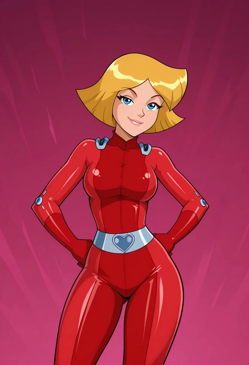 masterpiece, best quality, good quality, 1girl, solo, cartoon, parody, official style, cl0ver_totally_spies, short hair, blonde hair, blue eyes, red bodysuit, sexy, large breasts, big butt, bubble butt, wide hips, thick thighs, bottom heavy, beautiful, detailed, high detailed, very beautiful, detailed face, detailed eyes, detailed hand, abstract background,seductive smile, posing, pose, hands on hips, looking at viewer, face focus, closeup