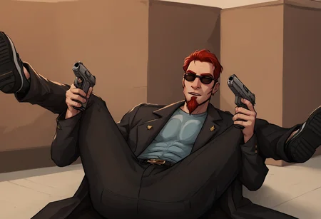 score_9, score_8_up, score_7_up, rating_questionable, HD, masterpiece, f1lthy9uns, solo, 1boy, lying on back, legs up, spread legs, sulfs-p2d00d, beard, goatee, red hair, shirt, coat, pants, sunglasses, shoes, holding weapon, holding gun, handgun, dual wielding