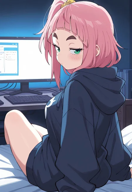 masterpiece,best quality,amazing quality,, score_9, score_8_up, score_7_up, soft lighting, dramatic lighting, (backlighting:1.3), 1girl, solo, kiui_watase, pink hair, blunt bangs, short hair, green eyes, thick eyebrows, side ponytail, dark blue hoodie, baggy clothes, bedroom, dark bedroom, sexy, looking back at viewer, seductive, embarrassed, (annoyed:0.6), computer, pc, medium breasts, on bed, bed,