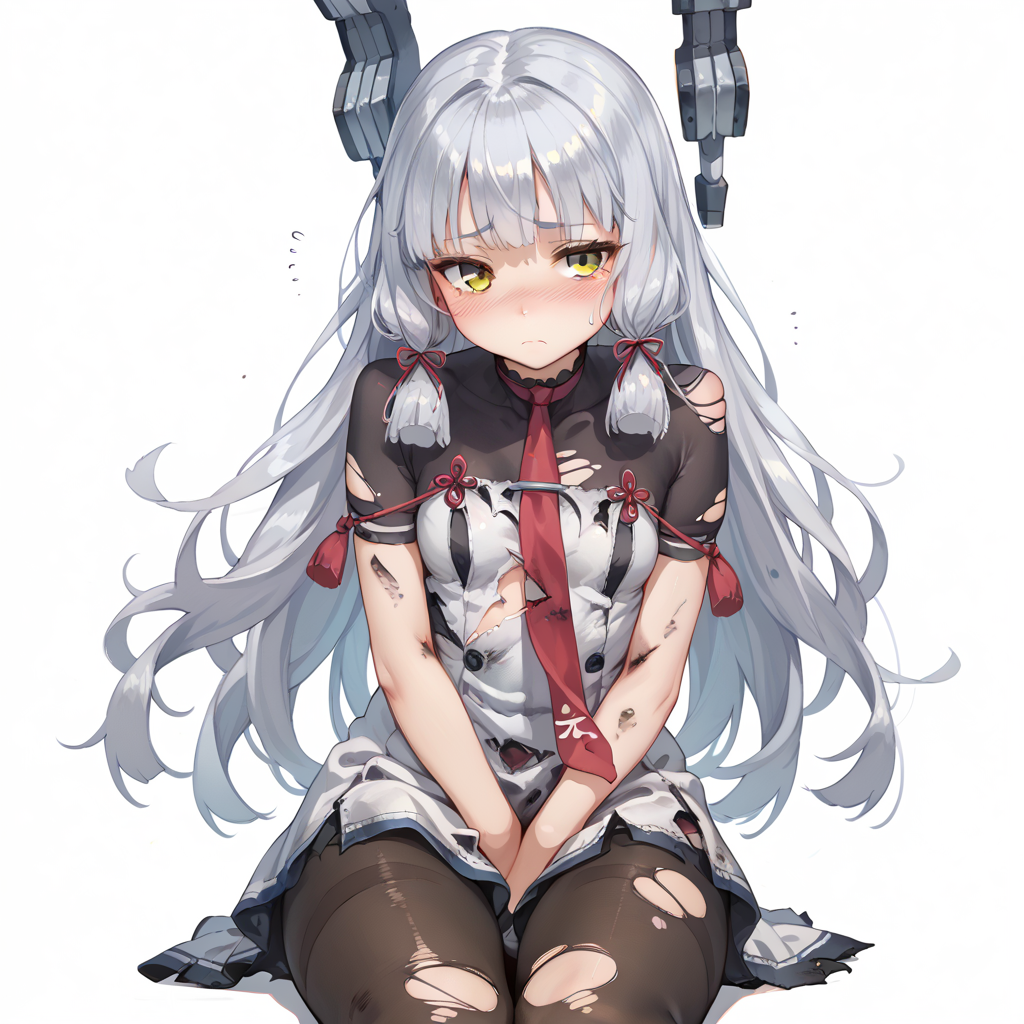 score_9, score_8_up, score_7_up, simple background, blush, shy,
1girl, murakumok2, silver hair, yellow eyes, sidelocks, necktie, dress, torn clothes, headgear, pantyhose, 
<lora:murakumo_kai2_pony_v1:0.6>