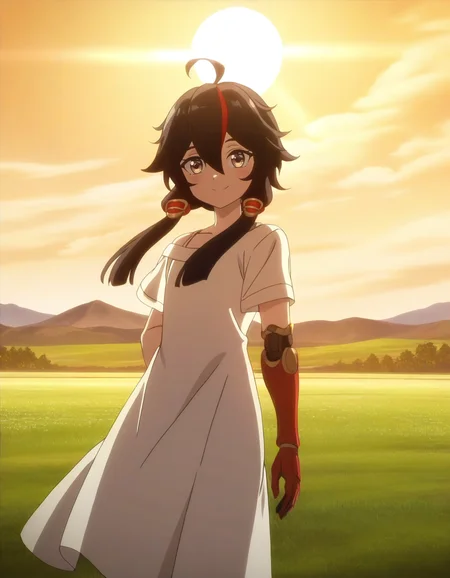 sundress,sun,grass,wind,anime screencap,smile,landscape,
<lora:changan_noob:0.6>,huanxing-changan,1girl,solo,black hair,long hair,multicolored hair,red hair,brown eyes,hair between eyes,bangs,ahoge,single mechanical arm,
masterpiece,best quality,very aesthetic,absurdres,