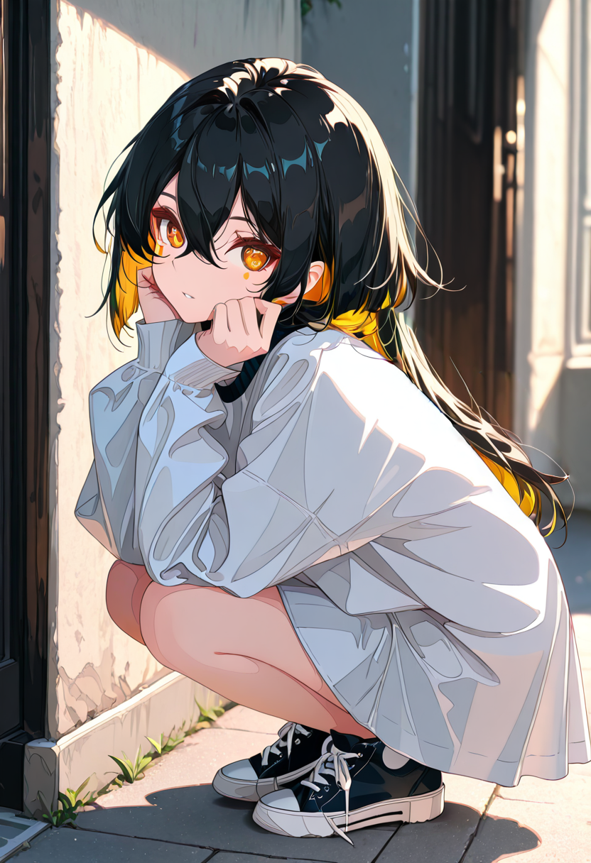 masterpiece, ultra-HD, very aesthetic, 8K, high detail, depth of field, score_9, score_8_up,
BREAK
((full body:1.6)), dynamic pose, ((front view:1.2)), Squatting,
BREAK
1girl, solo, black hair, (reverse mullet:1.3), layered straight hair, parted bangs, airy bangs, hair covering the gap between the eyes, ((side hair framing the face)), ((slightly short side hair)), (medium-length back hair), Amber inner hair, Amber eyes,
BREAK
light Amber color eye makeup, Amber eyes,
BREAK
BREAK
<lora:LumaTune :0.6>, <lora:jiaocha_illustriousXL:1>, <lora:HassaKu_style:0.8>, <lora:DetailedEyes_V3:0.8>, <lora:noobai_vpred_1_masterpieces_v23:0.6>, <lora:nest virgo_illustriousXL:1>,