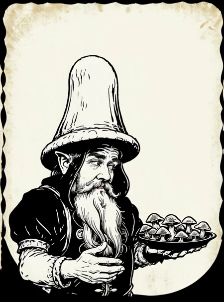 dwarf man holding a mushroom looting at mushroom happy, 2d, (black and white:1.3), clean line, (white background), Perfect hands, <lora:Tattoo_gen:0.7>  <lora:fantasyV1.1:0.6>