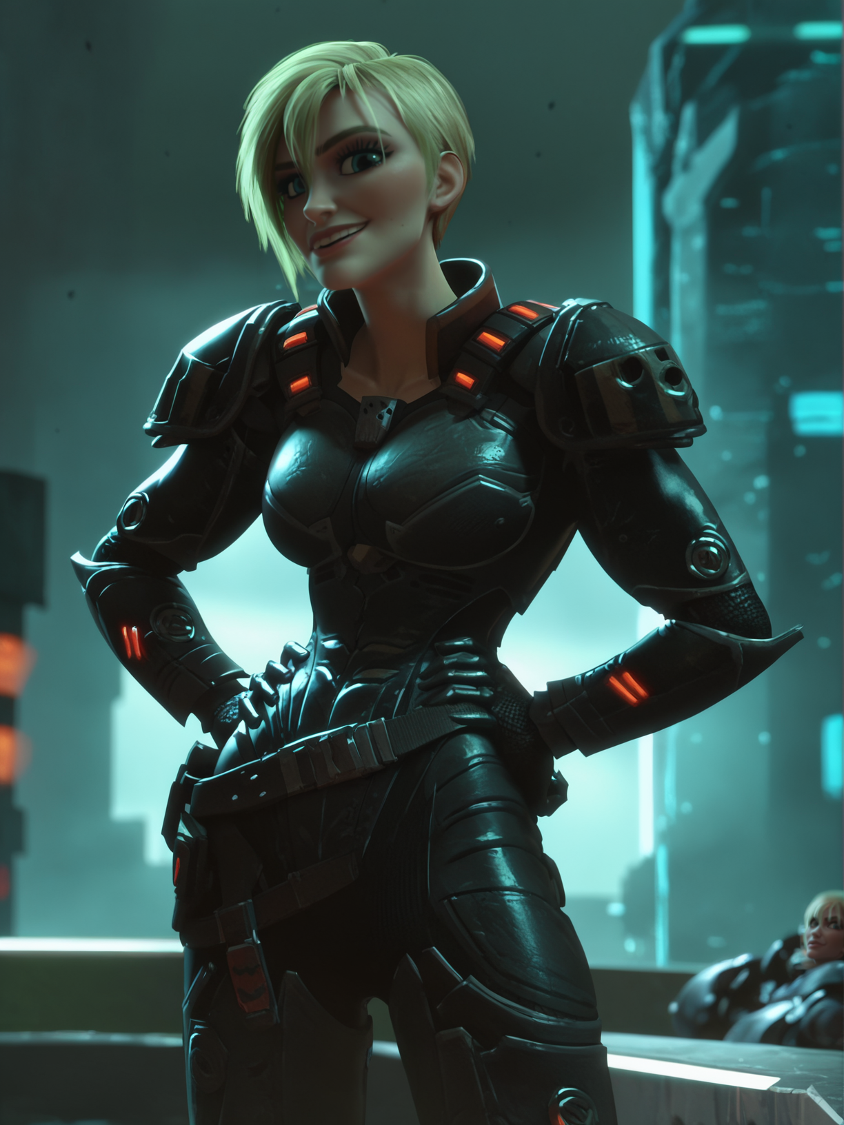 score_9, score_8_up, score_7_up, 1girl, dynamic pose, cowboy shot, cyberpunk city, light smile, looking at viewer, daylight, leaning forward, from side, hands on hips, sexually suggestive, white light,
<lora:ASergeantCalhoun_character:0.8>, SergeantXLP, blonde hair, short hair, blue eyes, armor, shoulder armor, bodysuit, screencap, solo,