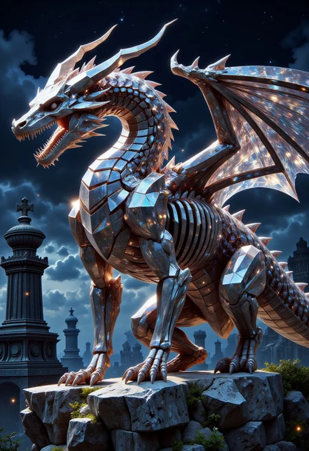 FluxEpicDragon, a crystaline dragon skeleton made of cut smoky grey diamond and obsidian with subsurface scattering and subtle light transmission, with a small head, monstrous and colossal towering over the landscape, stoically guarding an ancient cemetery of monumental gravestones and mausoleums in the dead of night at midnight, jagged and empty skeletal ribcage and spine and skull, skeletal wings spread