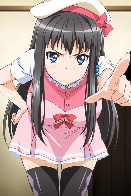 anime screencap, anime coloring, detailed face, masterpiece, best quality, very aesthetic, absurdres, volumetric lighting, official style, amazing quality, ultra detailed,  highres, amazing quality, scenery, beautiful detailed hair, beautiful detailed eyes,
<lora:StS-Illustrious-Detail-Slider-v1.0:4>
 <lora:Eroge_H_mo_Game_mo_Kaihatsu_Zanmai_-_All_characters_in_one_model_-_Kisara_Himeno_Momoka_Fujiwara_Iori_Kousaka_Nene_Sonono_Reina_Otori_Remon_Aizawa_Tomoya_Mochizuki:1>,
Kisara Himeno (character), Kisara's default clothing (outfit), 1girl, solo, blue eyes, long hair, black hair, hat, hair beads,large breasts, pink dress, looking at viewer, hair ornament, thighhighs zettai ryouiki, argyle legwear, tsundere, leaning forward, hand on hip, girl leaning forward, girl pointing at the viewer, POV