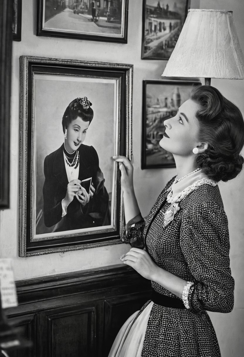 A graceful woman in a stunning vintage outfit, gazes lovingly at a cherished photograph of her husband. The scene is set in a retro black and white theme, emphasizing a timeless elegance. The focus is on the woman, with the photograph of her husband clearly visible. The perspective is captured from a bird's-eye view, adding a unique angle to the nostalgic ambiance.