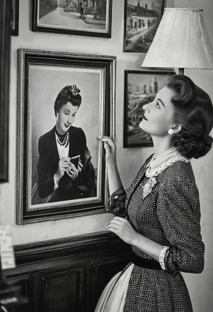 A graceful woman in a stunning vintage outfit, gazes lovingly at a cherished photograph of her husband. The scene is set in a retro black and white theme, emphasizing a timeless elegance. The focus is on the woman, with the photograph of her husband clearly visible. The perspective is captured from a bird's-eye view, adding a unique angle to the nostalgic ambiance.