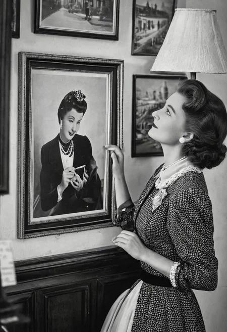 A graceful woman in a stunning vintage outfit, gazes lovingly at a cherished photograph of her husband. The scene is set in a retro black and white theme, emphasizing a timeless elegance. The focus is on the woman, with the photograph of her husband clearly visible. The perspective is captured from a bird's-eye view, adding a unique angle to the nostalgic ambiance.