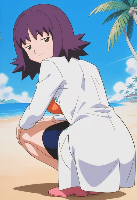 masterpiece, best quality, good quality, <lora:PMProfIvy:1>, PMProfIvy, 1girl, purple hair, short hair, brown eyes, breasts,
lab coat, orange shirt, pencil skirt, blue skirt,
pink shoes, 
looking at viewer, smile, solo, solo focus, 
squatting, from behind, looking back, leaning forward, hands on own knees, back focus, from above, 
BREAK outdoors, light rays, day, sky, palm tree, beach,